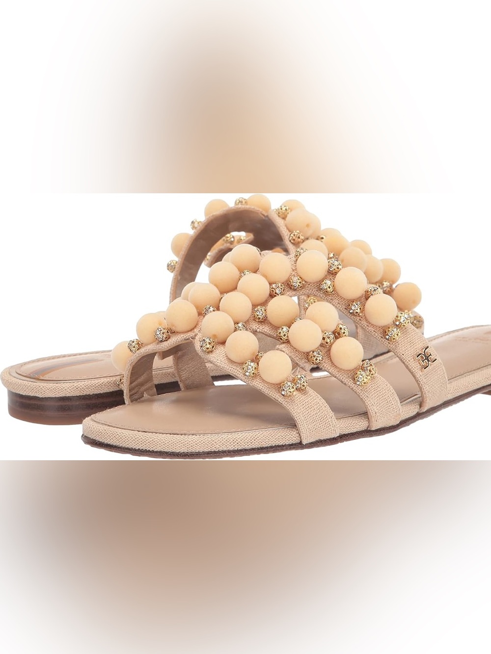 Sam Edelman Sparkly Rhinestone Beaded Pompoms Embellished Neutral Slide Sandals